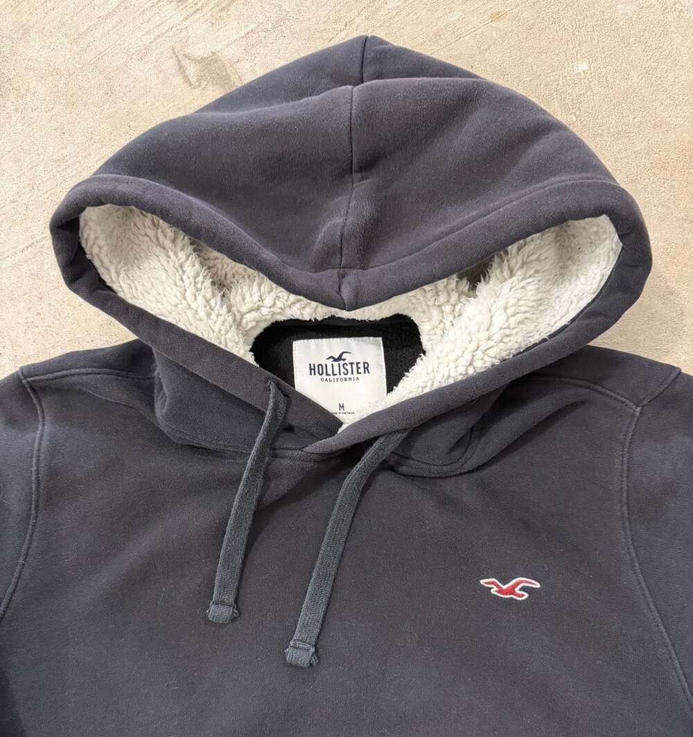 Hollister Sherpa Lined Pullover Hoodie Size M Navy Blue